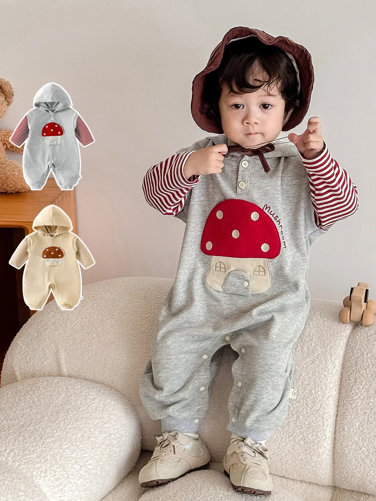 

Retro Woodland Hooded 0-2Y Baby Romper Fake Two-Piece Striped Mushroom Applique High Cotton Soft Autumn Toddler Jumpsuit