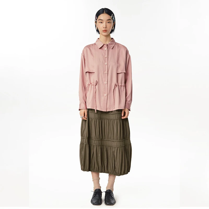 MOVEUP Loose Long Sleeves Shirt 2026 New Spring Drop Sleeves Button Waist Drawstring Splicing Casual Top For Women 125120403
