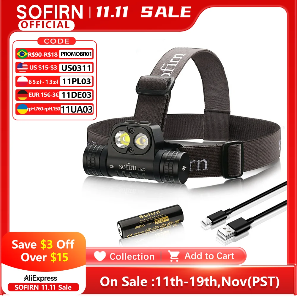 

Sofirn HS20 2700lm USB C Rechargeable LED Headlamp 18650 Powerful Headlight with Spotlight&Floodlight Dual Switch Indicator