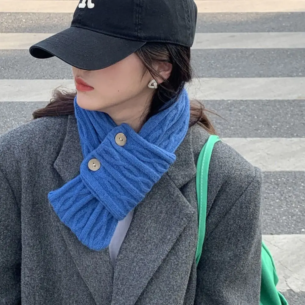

Retro Solid Color Knitted Scarf Button Windproof Cross Scarf Bib Neck Warm Women Winter Neckerchief Apparel Accessories