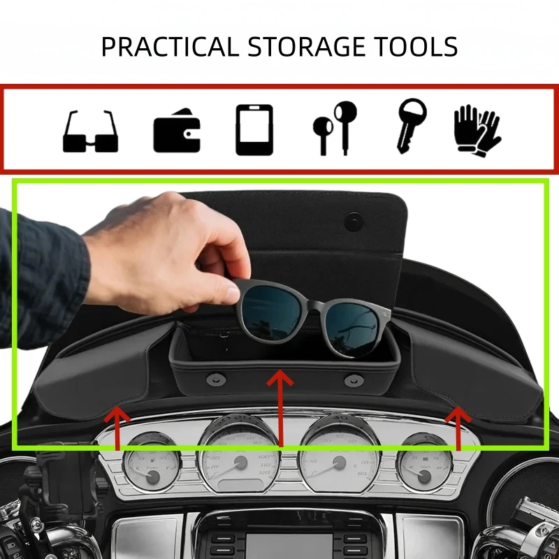 Motorcycle 3-Pocket Windshield mobile phone glasses Fairing Pouch Bag For Harley Electra Glide Ultra Limited Tri Glide 2014-2025