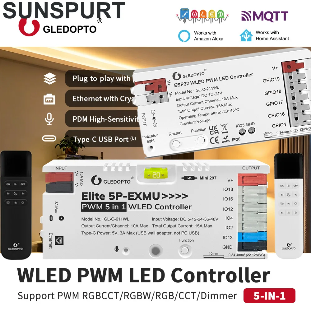 10GLEDOPTO Elite ESP32 WLED Strip Controller Dynamic Mic 619WL PWM611WL 20A Fuse UART Energy Save Relay Addressable RGB IC Strip