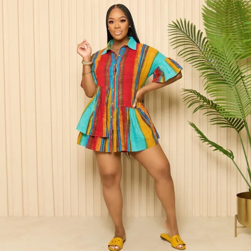 

Женское однобортное мини-платье KEXU, свободное платье-рубашка с оборками и коротким рукавом, уличные сексуальные платья