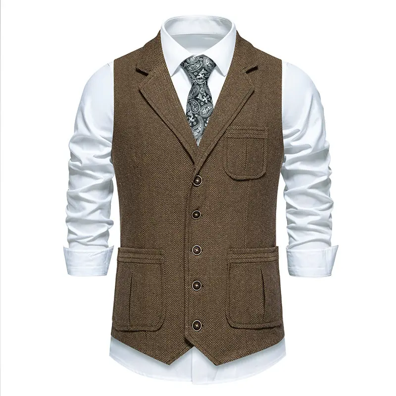 Men's Vintage Single Breasted Suit Vests Formal Turn Down Collar Slim Fit Waistcoat Smart Casual Herringbone Pockets Vest Men