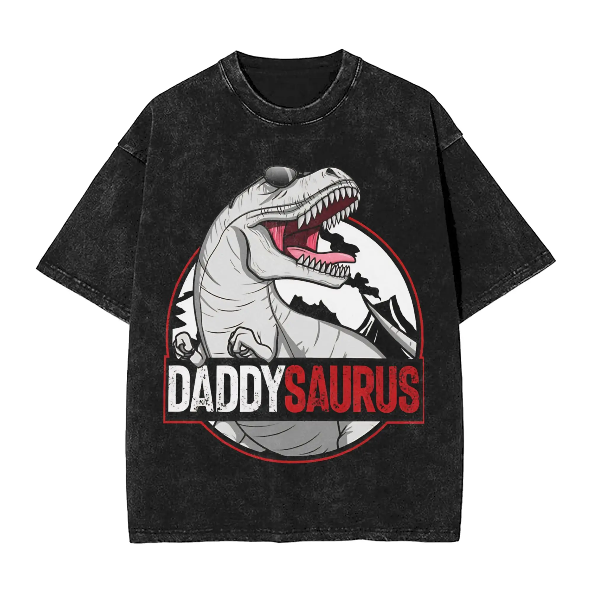 Daddy Saurus T-Rex Matching Washed T-Shirt Male Family Dinosaur Daddy Saurus Cotton Summer O Neck Tee Shirt Loose Clothes