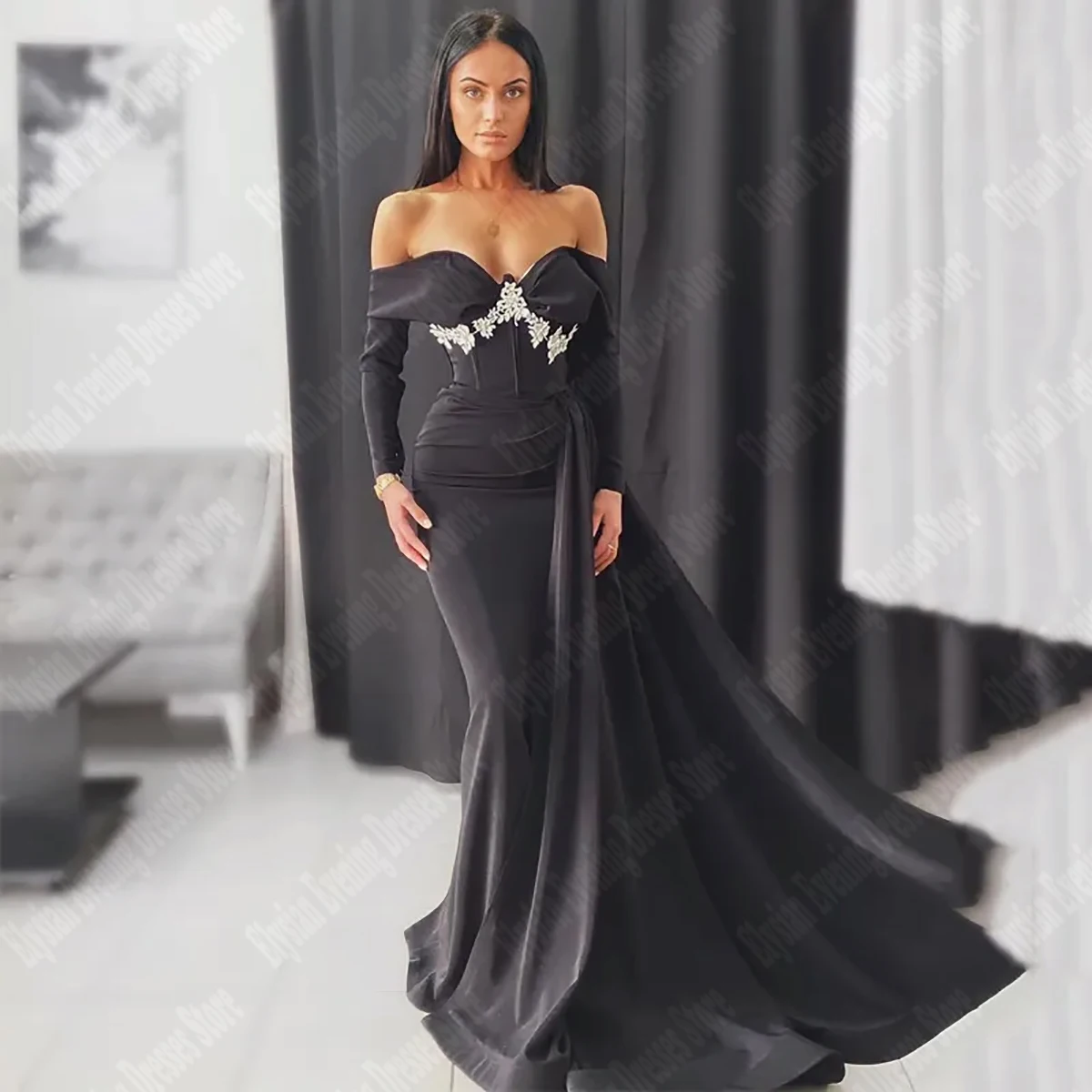 

Sexy Dark Black Women Evening Dresses Shoulder Long Sleeves Prom Gowns Newest Off Shoulder And Off Back Lady Vestidos De Noche