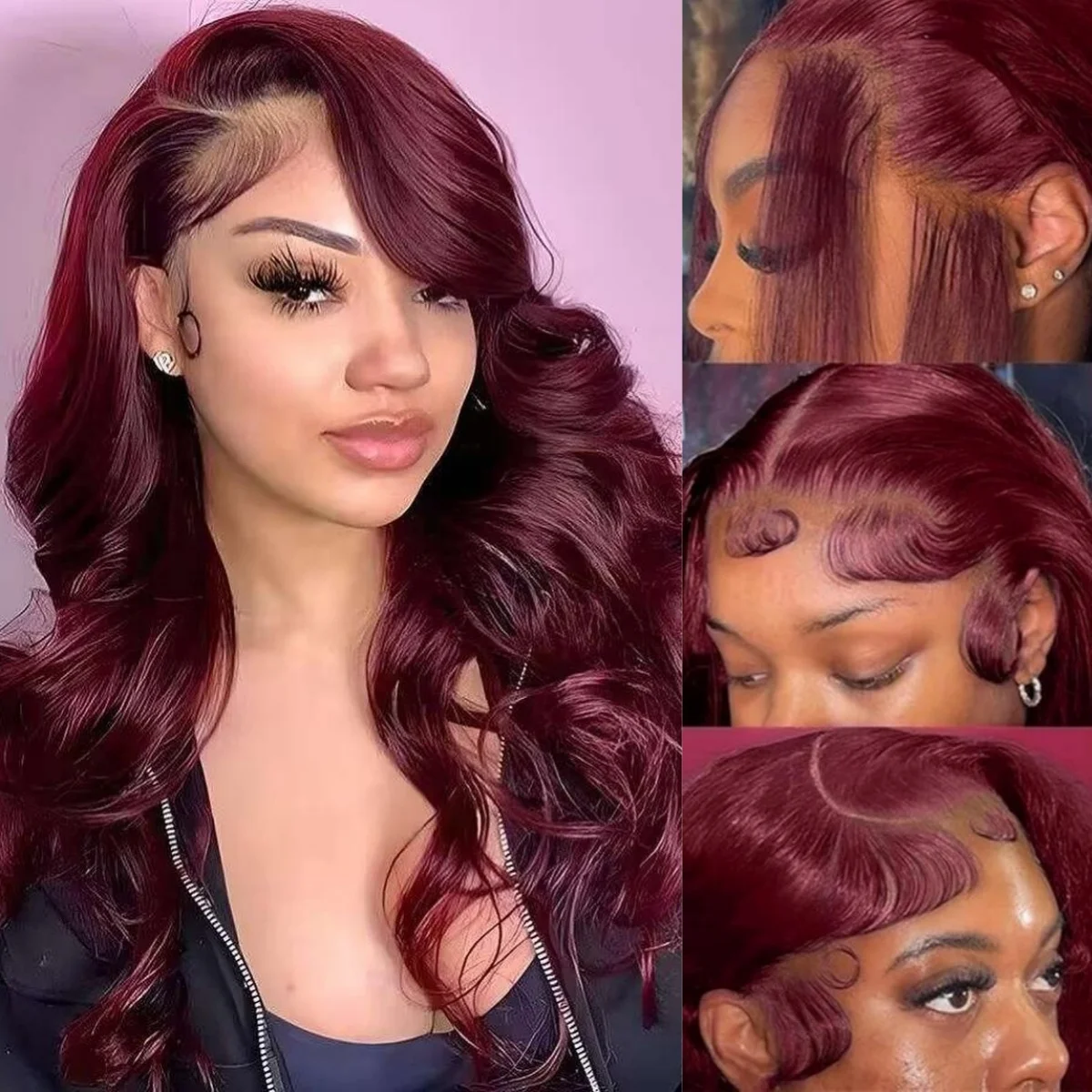 

13×4 Body Wave Red Color Lace Front Wigs Human Hair Burgundy 220 Density Transparent Pre Plucked Lace Frontal Wig For Women 99J