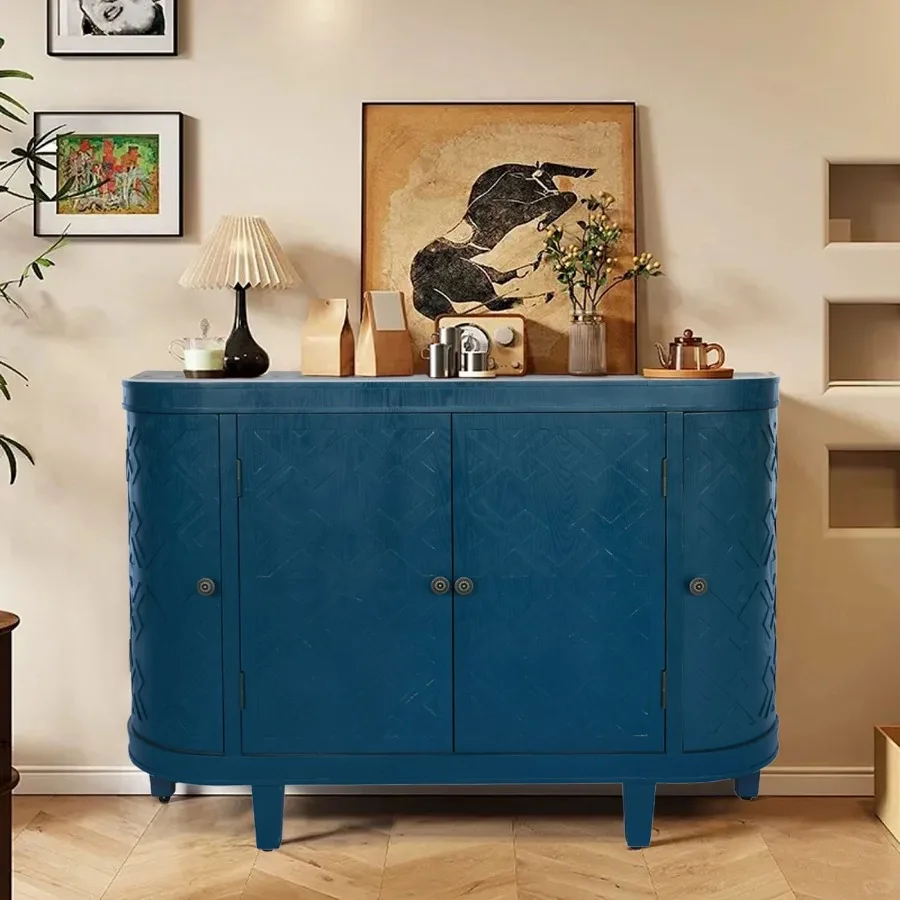 

47''Oval Storage Cabinet with 4 Doors Buffet Sideboard Cabinet with Storage Fluted Accent Storage Cabinet with Curvy Edge Slidi