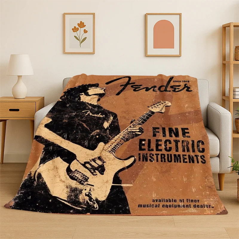 Retro Fender Logo Guitar Instruments Music Flannel Blanket Soft Warm Throw Blanket for Bedroom Living Room Bed Travel Picnic