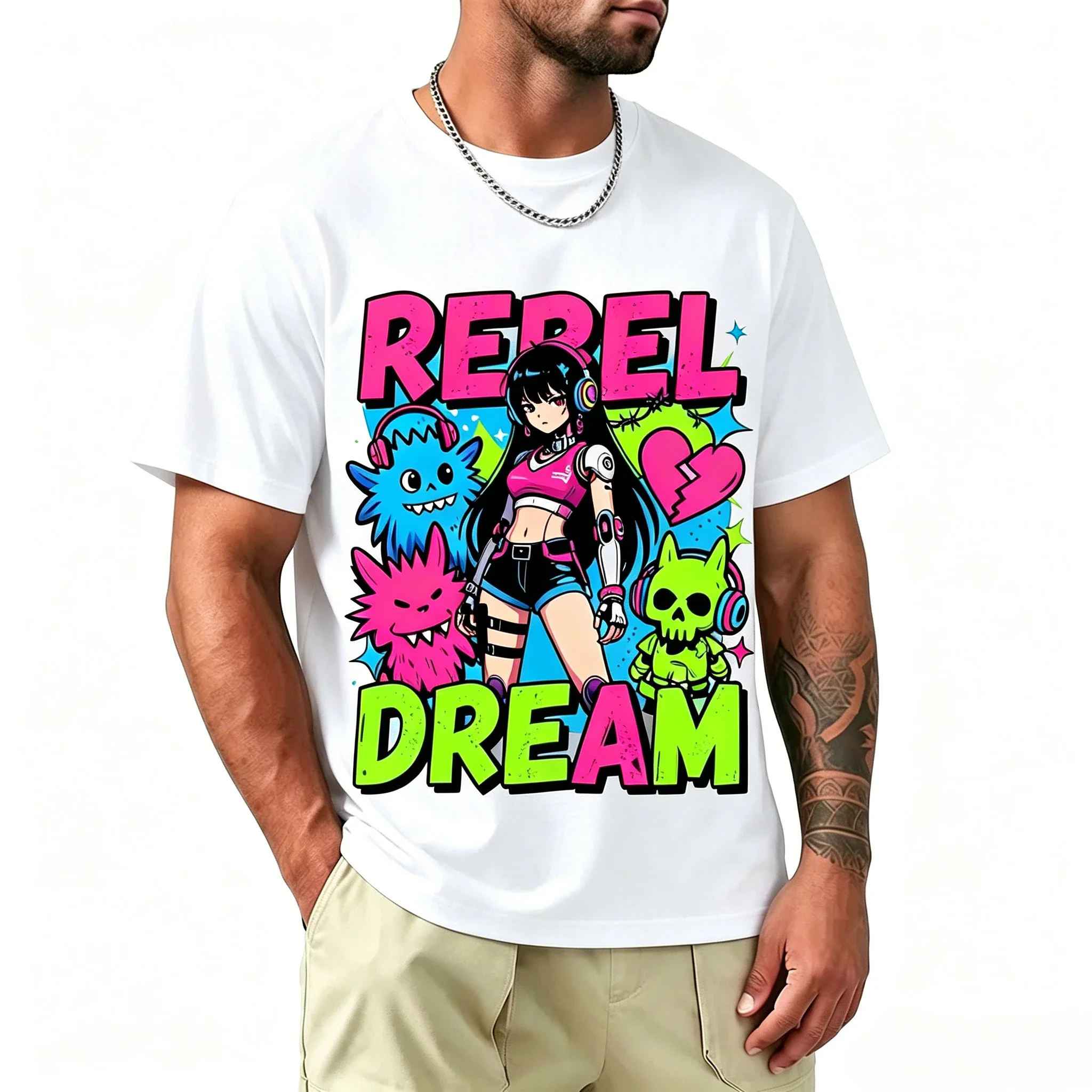 Y2K Grunge Neon Color Anime Robot Girl Monster Graffiti Art Print Men Women Kids Loose Fit Cotton Casual Tees