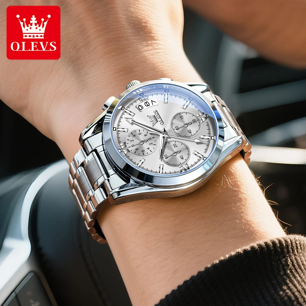 OLEVS 2987 reloj fresco para hombre, cronógrafo clásico multifuncional resistente al agua de tres ojos, camiseta nueva, reloj de cuarzo de lujo, reloj deportivo para hombre