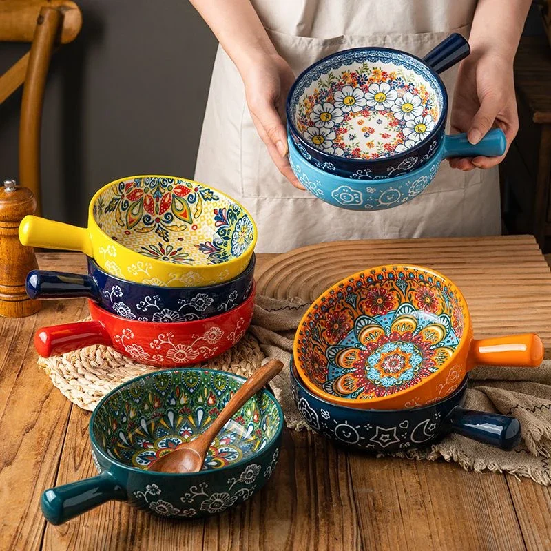 6-Inch Ceramic Bohemian Glazed Undercolor Salad Bowl with Handle Dessert Bowl Household Popular Bowl Diamond Pattern Dinnerware