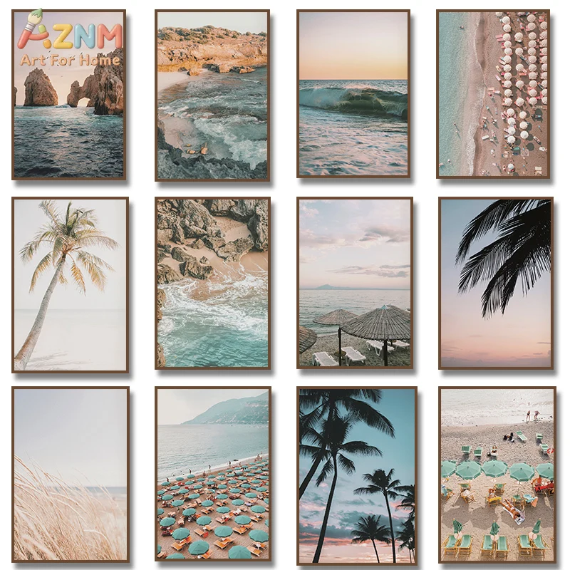 AZNM Unframed Boho Coastal Beach Canvas Wall Art, Modern Tropical Ocean Wave Palm Tree Print, Neutral Summer Seaside Landscape P