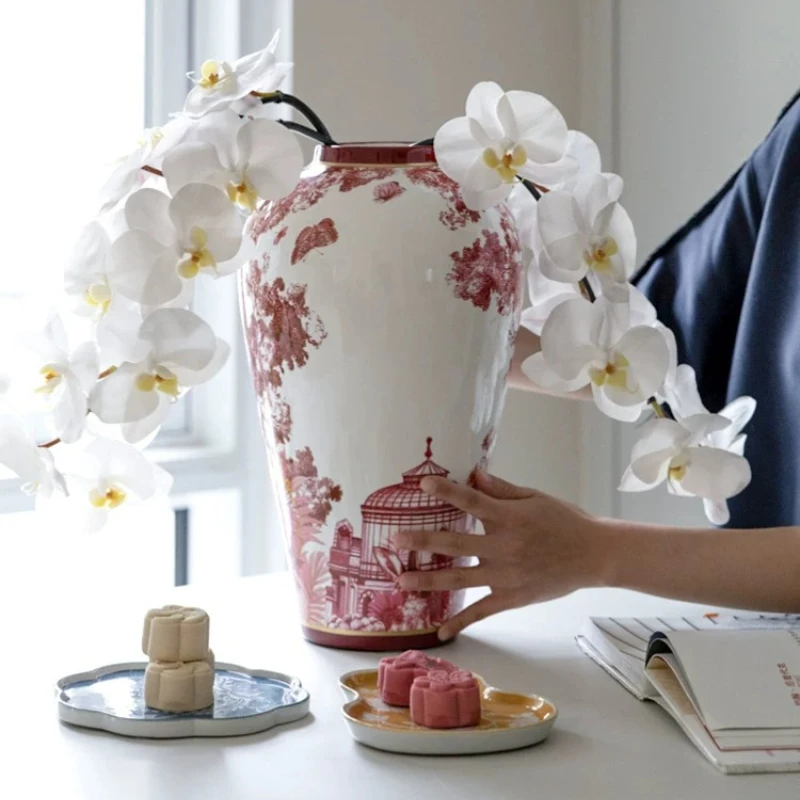 Vermilion Red Porcelain Vase with Peony Pattern High-Fired Glazed Flower Vessel for Living Room Elegant Wine Cabinet Desk Decor