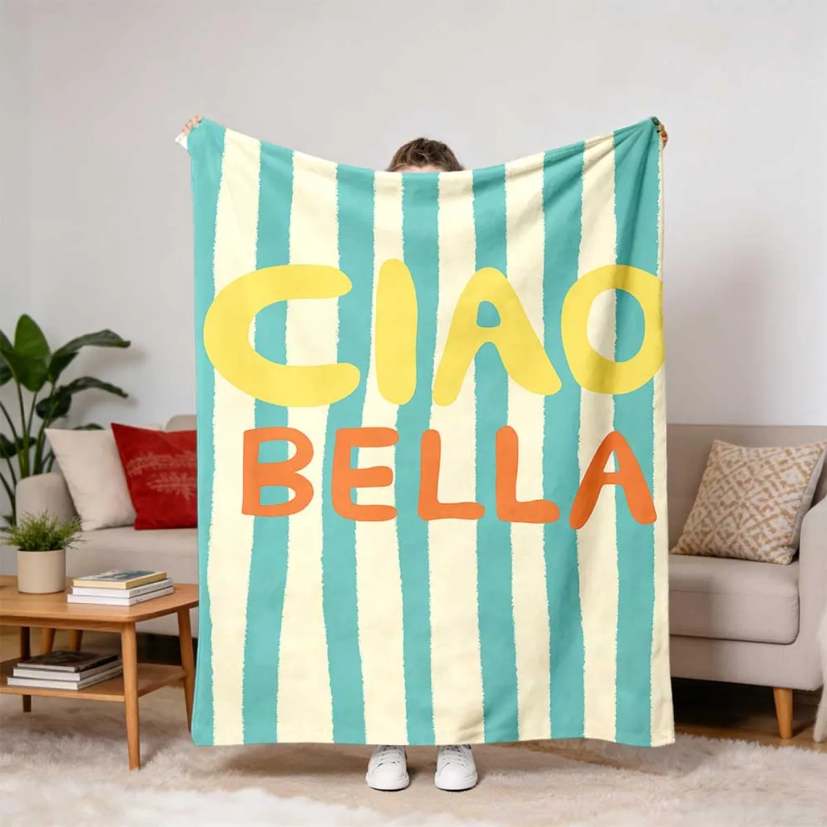 Mediterranean Ciao Bella Strip Throw Blanket, Cheerful Color Letter Warm Fleece Blanket for Couch Trip Household Casual Coastal