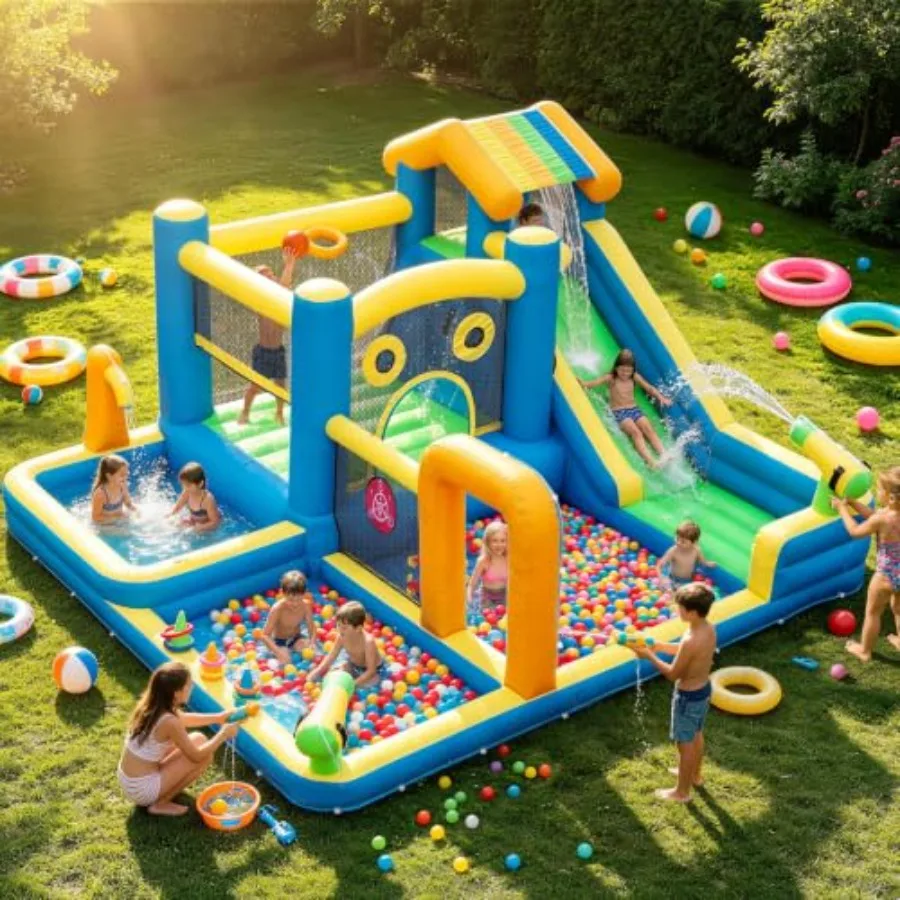 Backyard water park inflatable slide for kids: heavy-duty PVC, blue/red, 10-in-1 with climbing wall, 550W blower, summer birthd