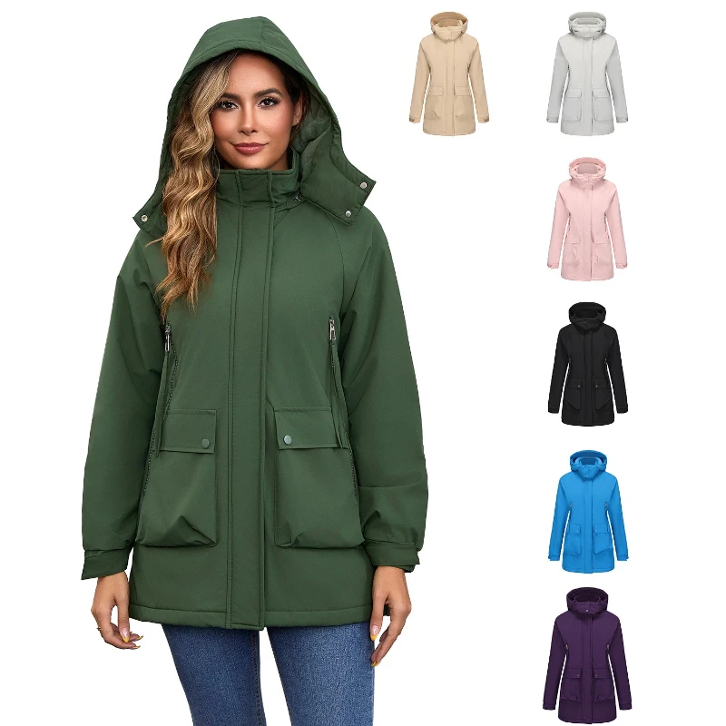 

Women Parkas Mid Length Coats Hooded Zipper Stand Collar Thick Warm Jackets Y2k Streetwear Elegant Work Coat Autumn Winter 2025