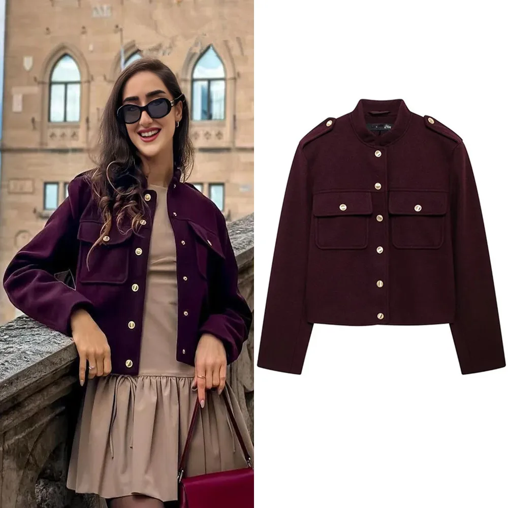 Autumn Winter Women's Fashion Burgundy Street Jacket Retro O-neck Long-sleeved Pocket Single-breasted Casual Jacket For Women