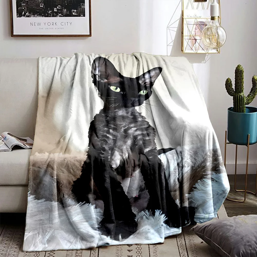 Cute Black Devon Rex Cat Flannel Throw Blanket Pet Kitten Portrait Pattern Soft Warm Blanket for Couch Bed Home Decor Gift