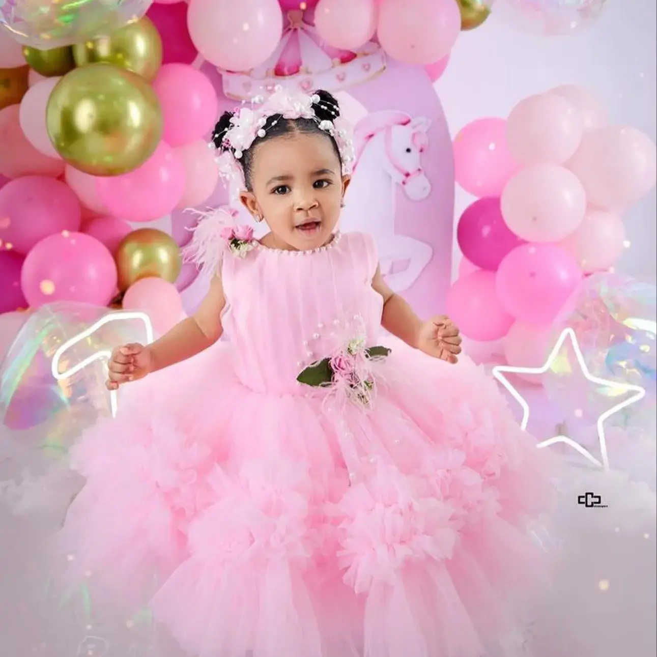 Vestidos de flores con volantes rosas para niñas, vestido de princesa de tul para fiesta de cumpleaños de niños, vestidos de graduación de bebé de boda para sesión de fotos