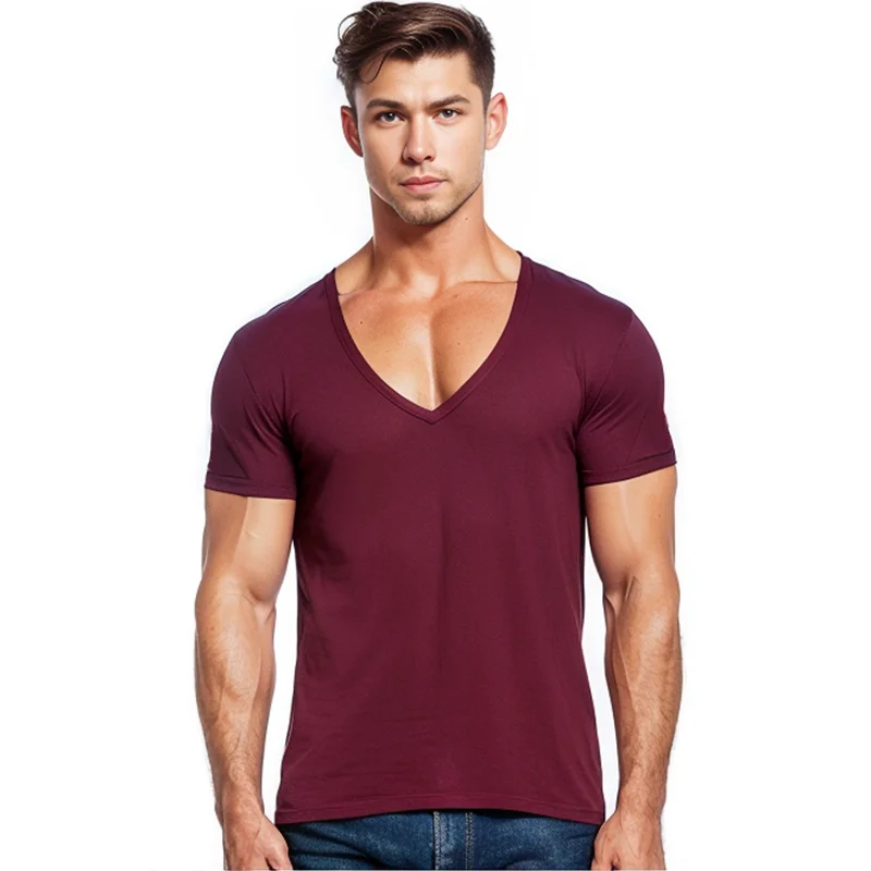 2023 ​European And American Men Summer Deep V Neck Tshirt  ShortSleeved Solid Color Cotton Gym Fitness Sports Running Boxing Top