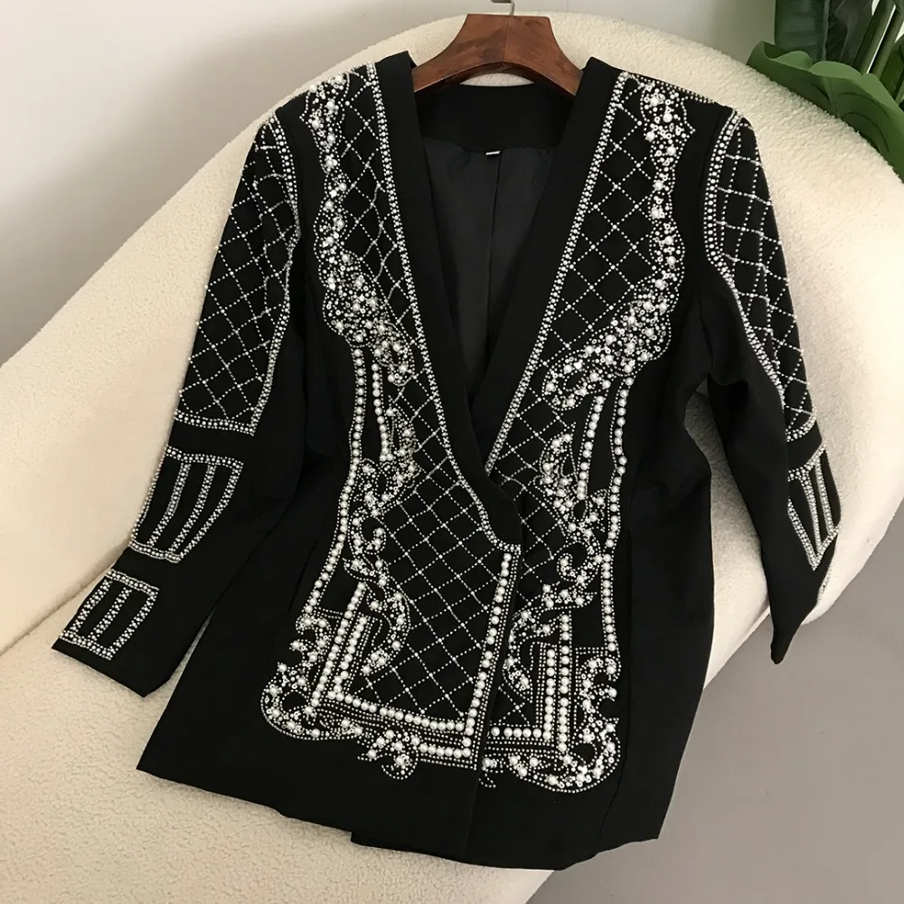 Fashion Women\'s Blazer Handmade Pearl Beaded Shawl Collar Hidden Breasted Long Sleeve Suit Jackets Spring 2024 New