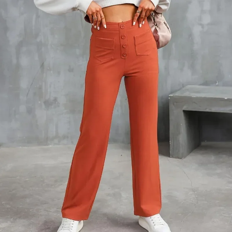 

2024 High Waist Casual Straight Pants Elastic Fashion Women's High Waist Button Pocket Loose Pants Streetwear Women New 30289