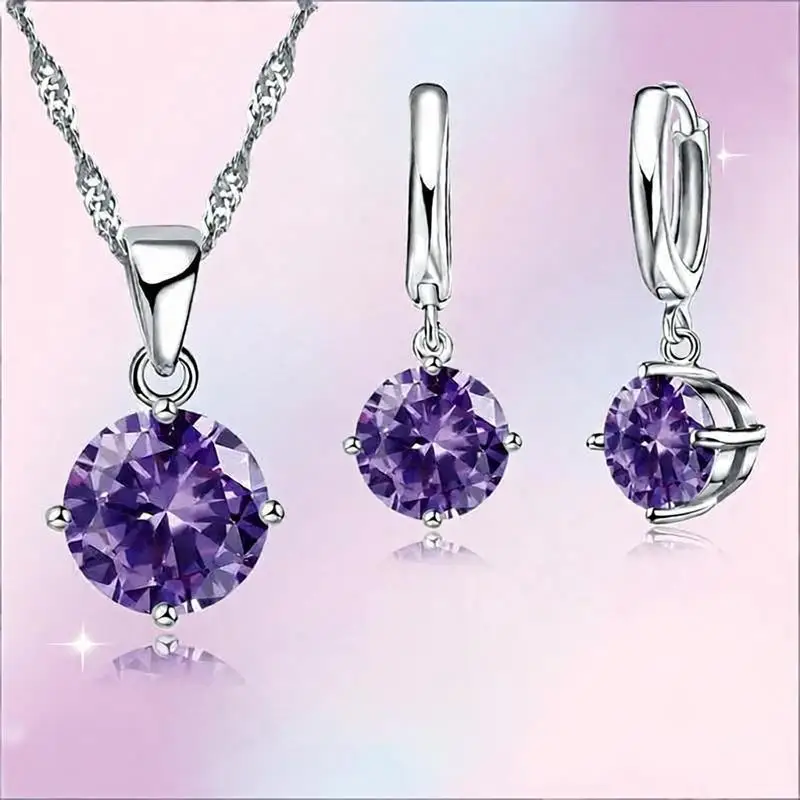 Classic 925 Sterling Silver Round Shape Cubic Zircon Crystal Necklace Drop Earrings Set For Women Wedding Party Jewelry Gifts