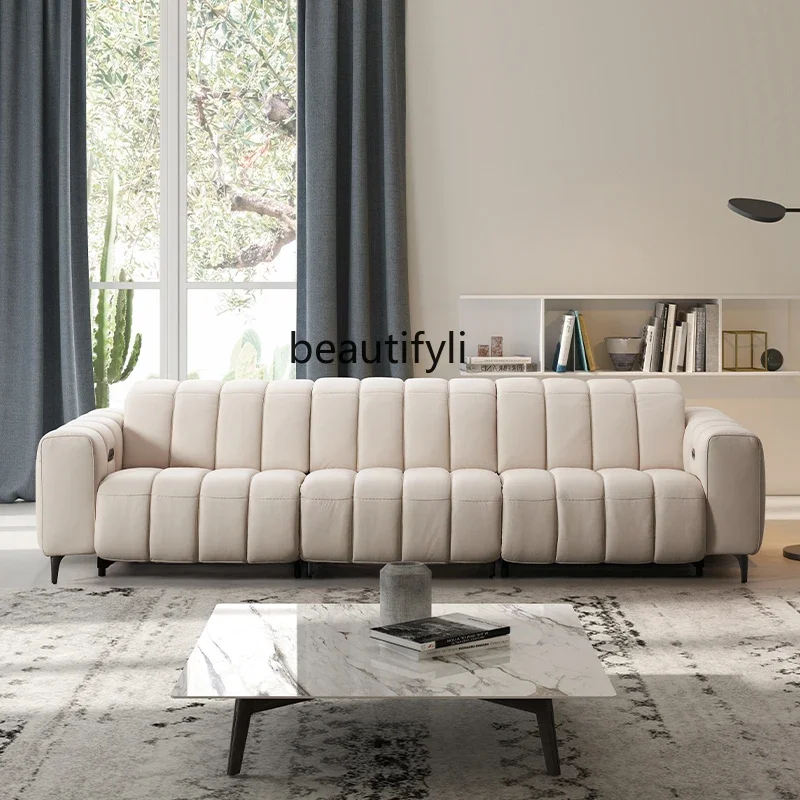 Italian minimalist leather electric functional sofa first layer cowhide retractable modern simple living room, sofa bed