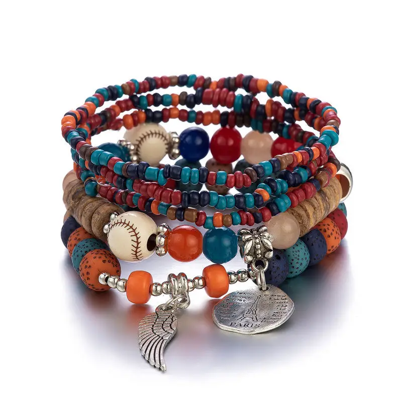 Bohemian Eiffel Tower Beaded Bracelet Set For Women Wing Charm Colorful Rice Beads Chain Bangle Lady Jewelry Gift
