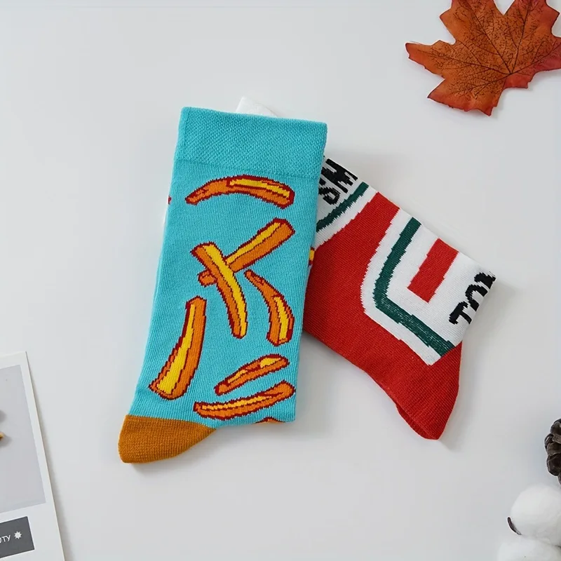 Lustige Socken mit Tomaten-Ketchup- und Pommes-Frites-Motiv, Baumwollsocken im AB-Stil, mittelhohe Socken mit Lebensmittelmotiven, kreative, abstrakte, originelle Paar-Socken. – Detail 5