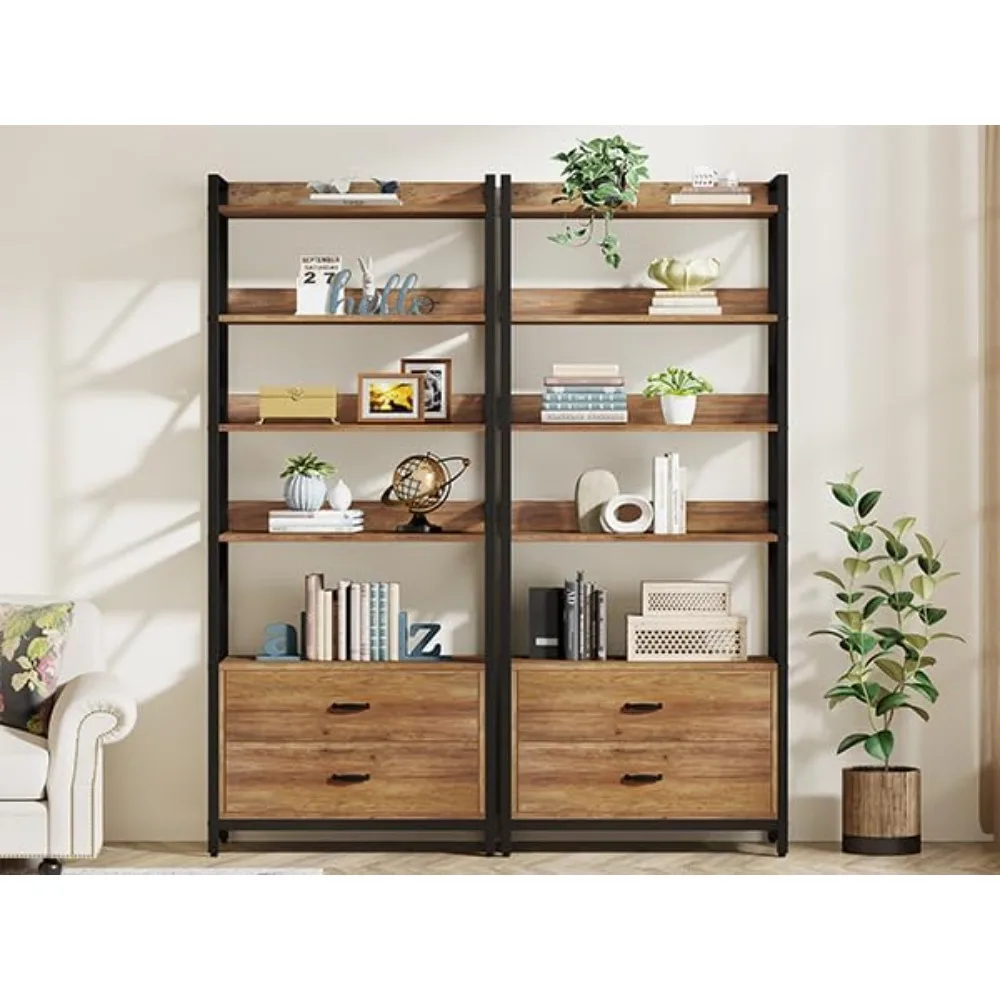 70.8 Inch Industrial Bookcase with 2 Drawers, 5 Layers Open Storage Shelves for Living Room, Bedroom, Home, Office