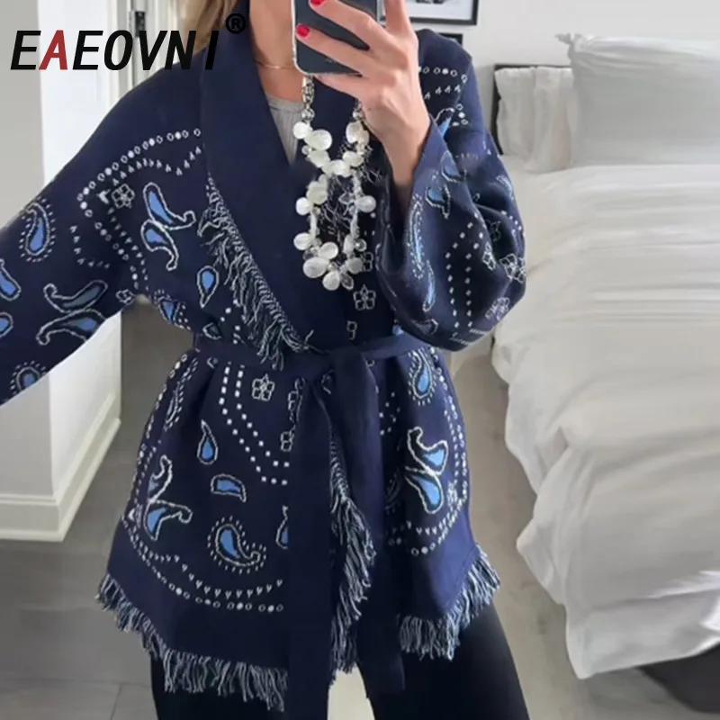 

EAEOVNI Tassel Patchwork Printed Cardigan Women Geometric Patterns Belts V-neck Long Sleeve Knitted Sweater 2025 Autumn Coat