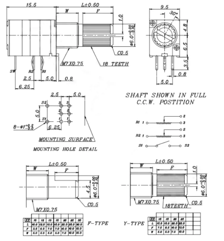 1-10 stücke RV097NS Einzigen RV097GS Doppel 5K 10K 20K 50K 100K 500K Schalter audio 5PIN 8Pin Welle 15mm Verstärker Abdichtung Potentiometer – Detail 1