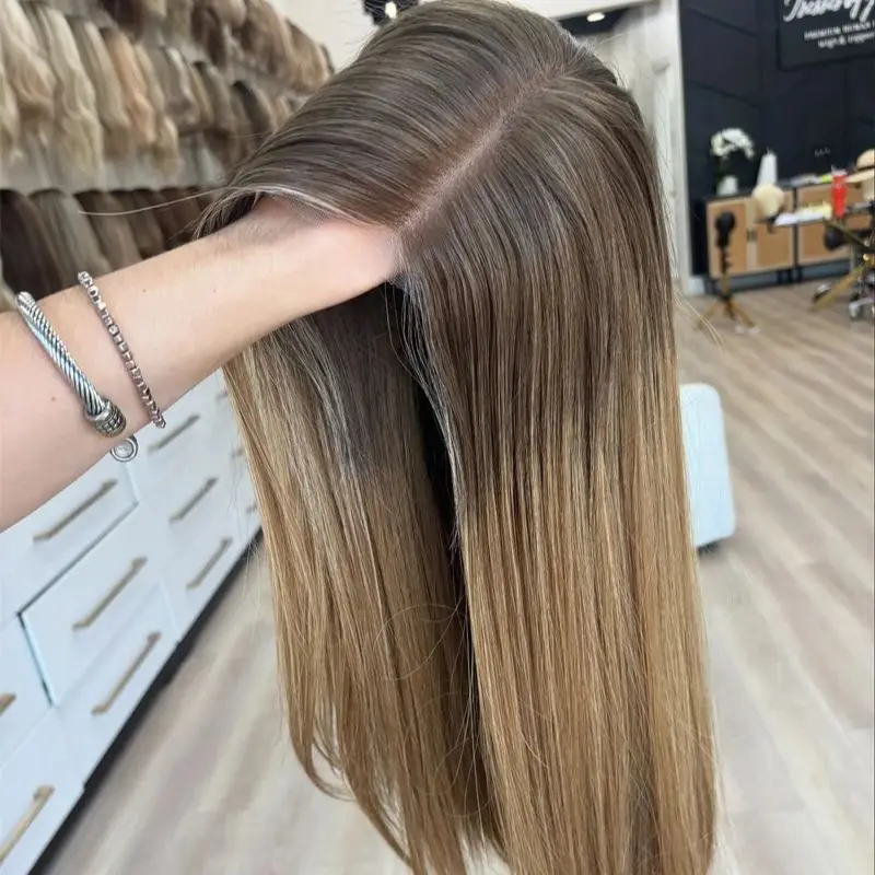 

Бесклеевой парик Маленькая большая кепка Ombre Коричневый блондинка Парик Мягкий HD Парик фронта шнурка Модный прямой боб 13X4 Синтетические парики Средняя часть