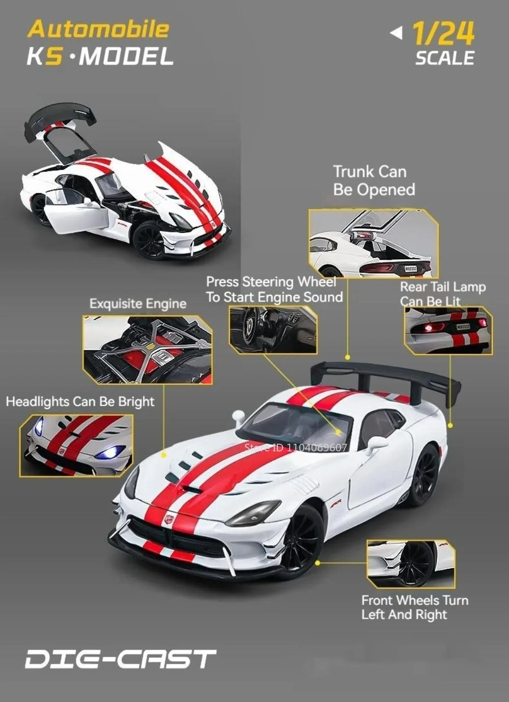 1:24 Viper Cobra Modellspielzeug, Sportwagen, Legierung, Druckguss, Ton, Licht, Türen geöffnet, zurückziehen, exquisite Innensammlung, Supercars – Detail 3