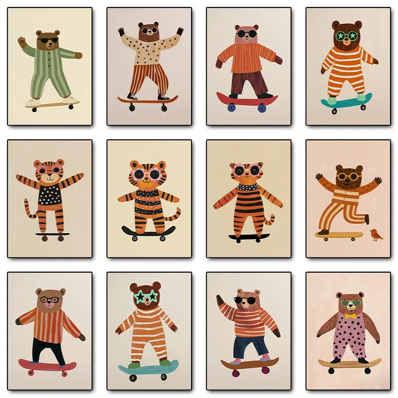 Funny Animals Cool Dog Bear Lion Skateboard Posters and Prints Canvas Printing Wall Art Picture for Gaming Room Home Decor Gifts