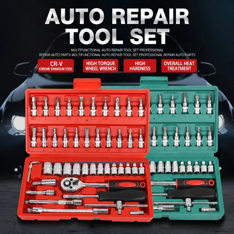 46 Pieces Auto Repair Tool Set Ratchet Wrench Toolbox Vehicle Maintenance Socket Outfit Multipurpose Hardware Combination Kit