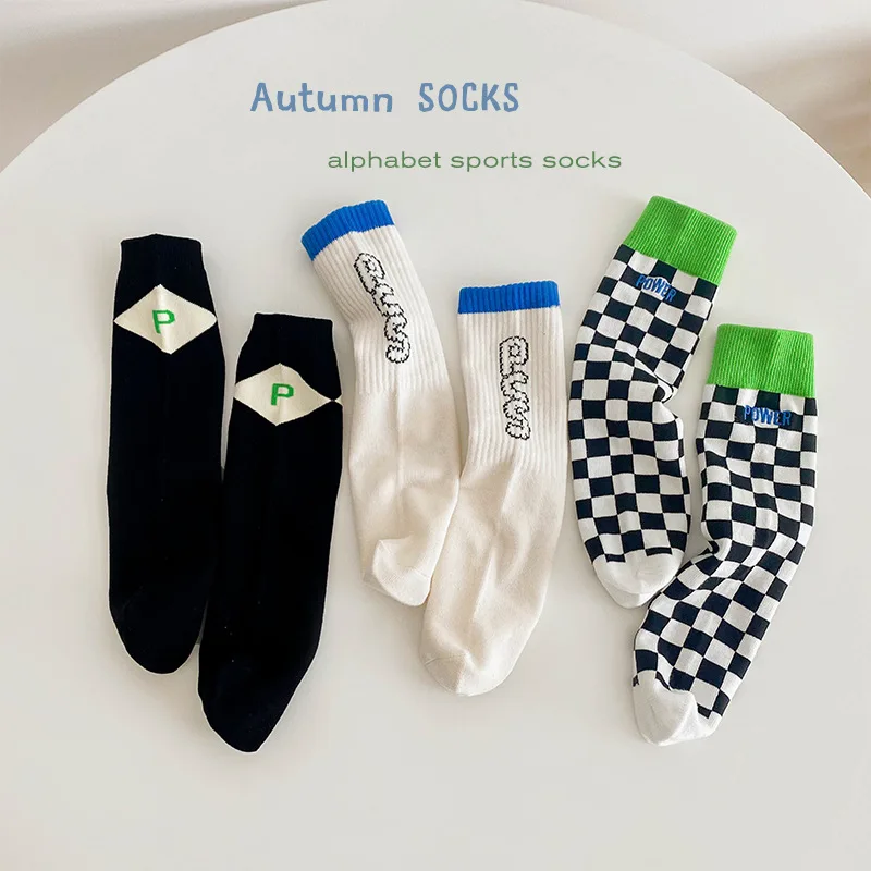 3Pairs 3-8year 2023 Autumn Tide Cartoon Girls Middle Tube Socks Letter Contrast Color Boys Socks