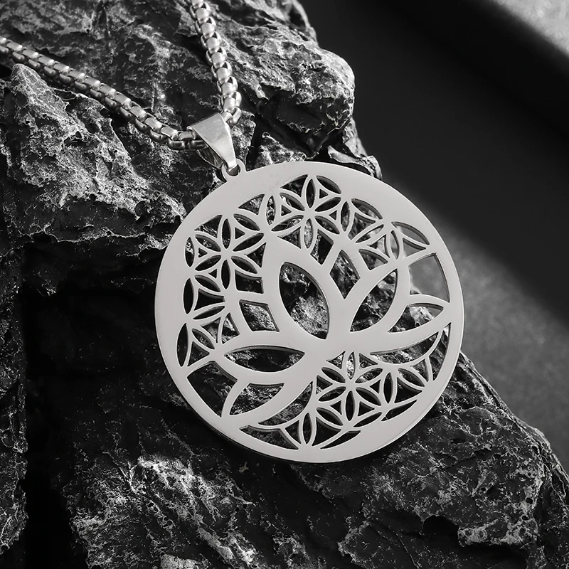 Stainless Steel Vintage Buddhist Lotus Pendant Necklace Men Women Fashion Bohemian Aesthetic Jewelry Gift