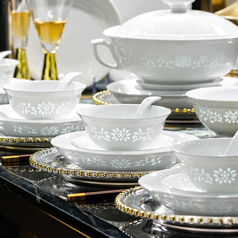 

White porcelain exquisite tableware high temperature underglaze color wedding housewarming ceramic dishes plate set household
