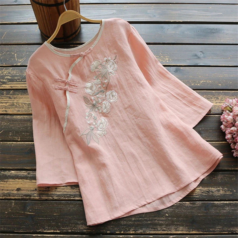 2025 Traditional Chinese Shirt Cotton Chinese Style Tops Retro Folk Tea Clothing Flower Print Blouses Women Daily Chiffon Blouse