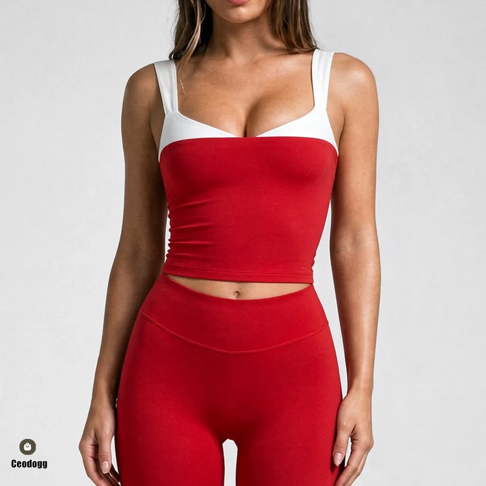 Pad Women Block Wide Square Yoga Bra Neck Crop Yoga Tank Contrast Trim Slim Stretch Workout Vest Gym Daily Tops XP356