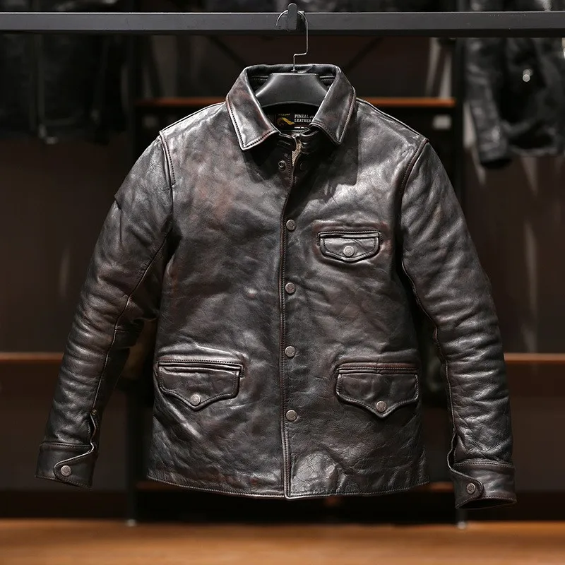 Tea-core leather for men casual lapel black
