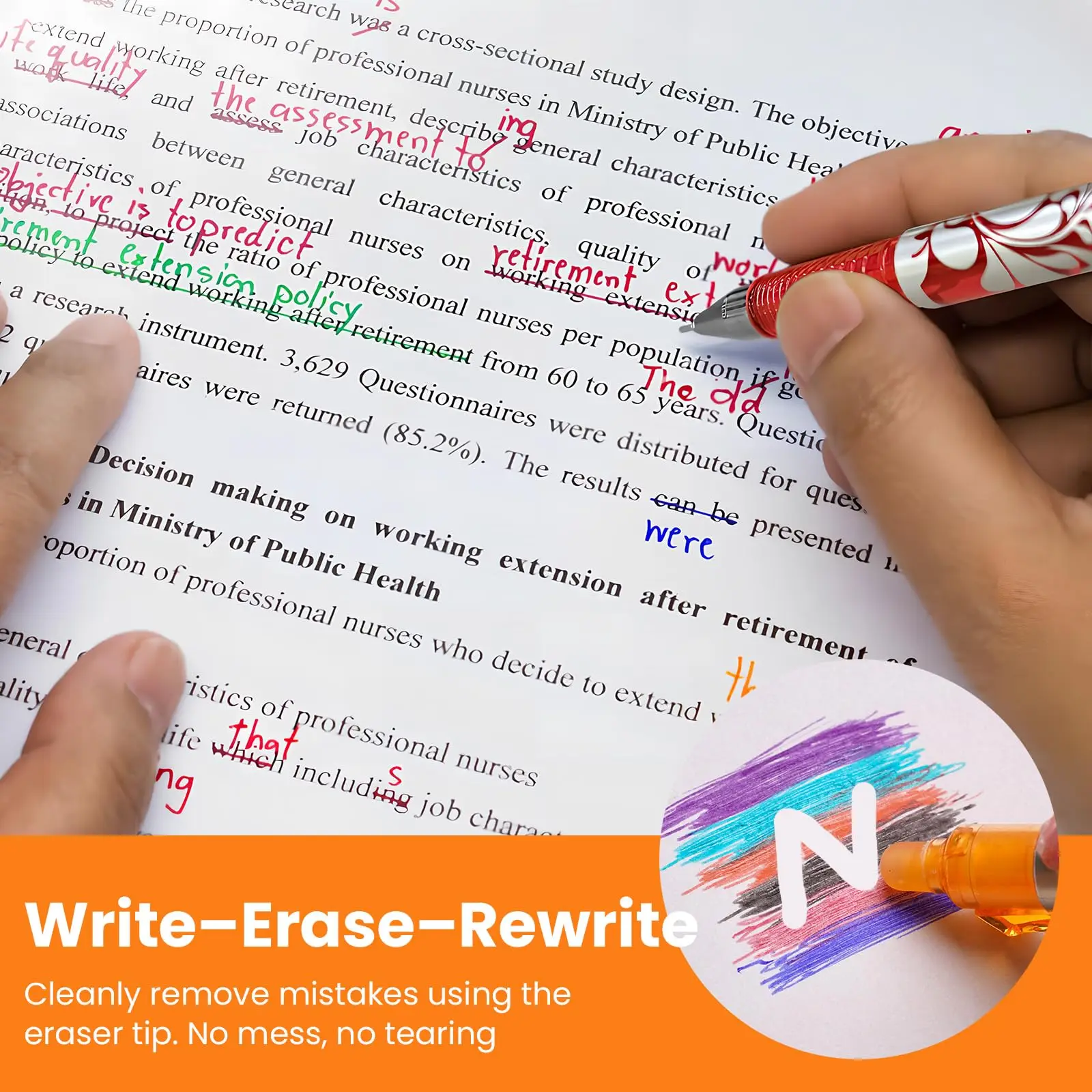 أقلام فرك 8 ألوان، أقلام قابلة للمسح مع 40 عبوة، قلم جل قابل للمسح رفيع 0.5 مم مع غطاء قلم للمجلات والملاحظات والرسم