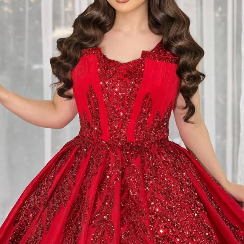 

Customized Shiny Red Quinceanera Dresses Off the Shoulder sequin crystal applique Long tail layeringVestido 15 Quinceanera