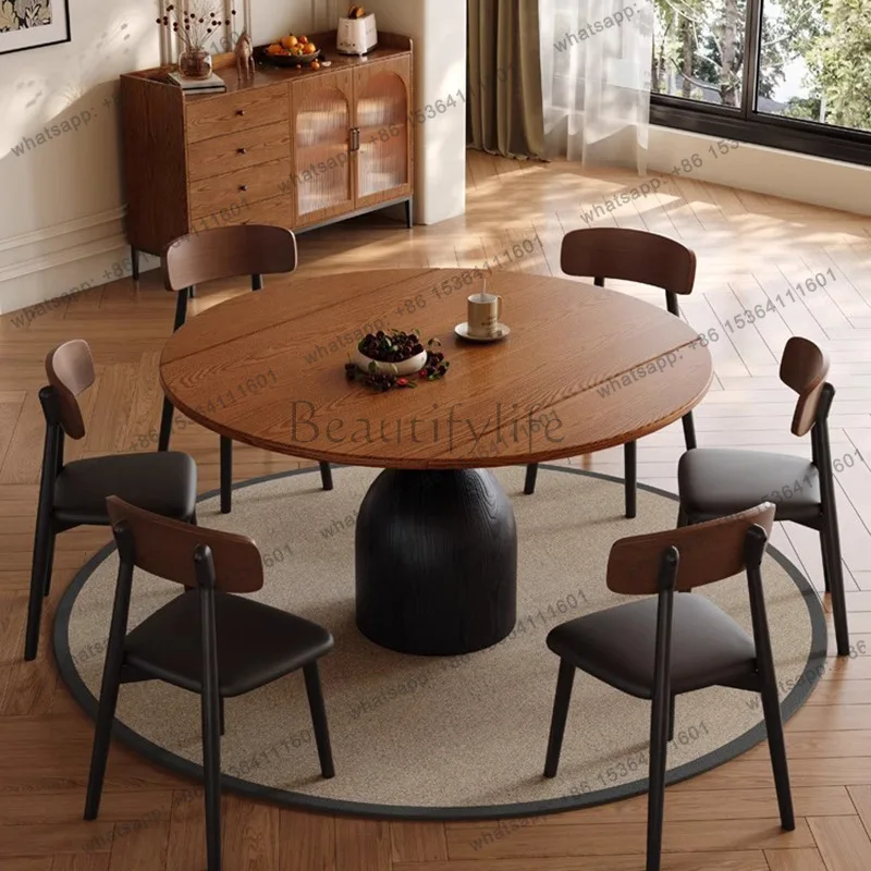 French solid wood dining table household small apartment with turntable high-end medieval ash wood round table