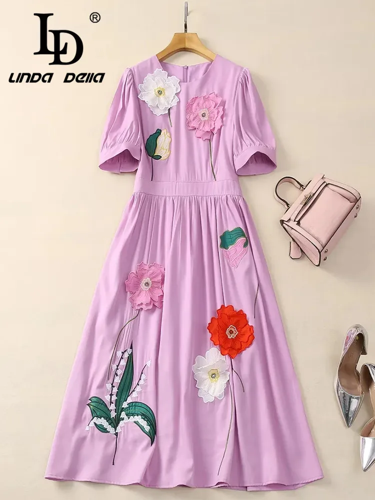 Imagem -02 - Linda Della-vestidos de Viagem Drapeado Bordado de Cintura Alta Feminino Elegante e Luxuoso Drapeado Laranja Novo Estilo Verão ld