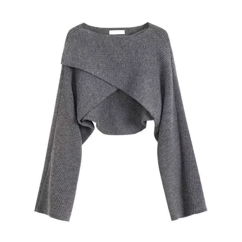 Irregular Short Knitted Sweater Women's Spring/Summer 2023 Korean Version New Cross Design Fashion Long Sleeve Top Trend