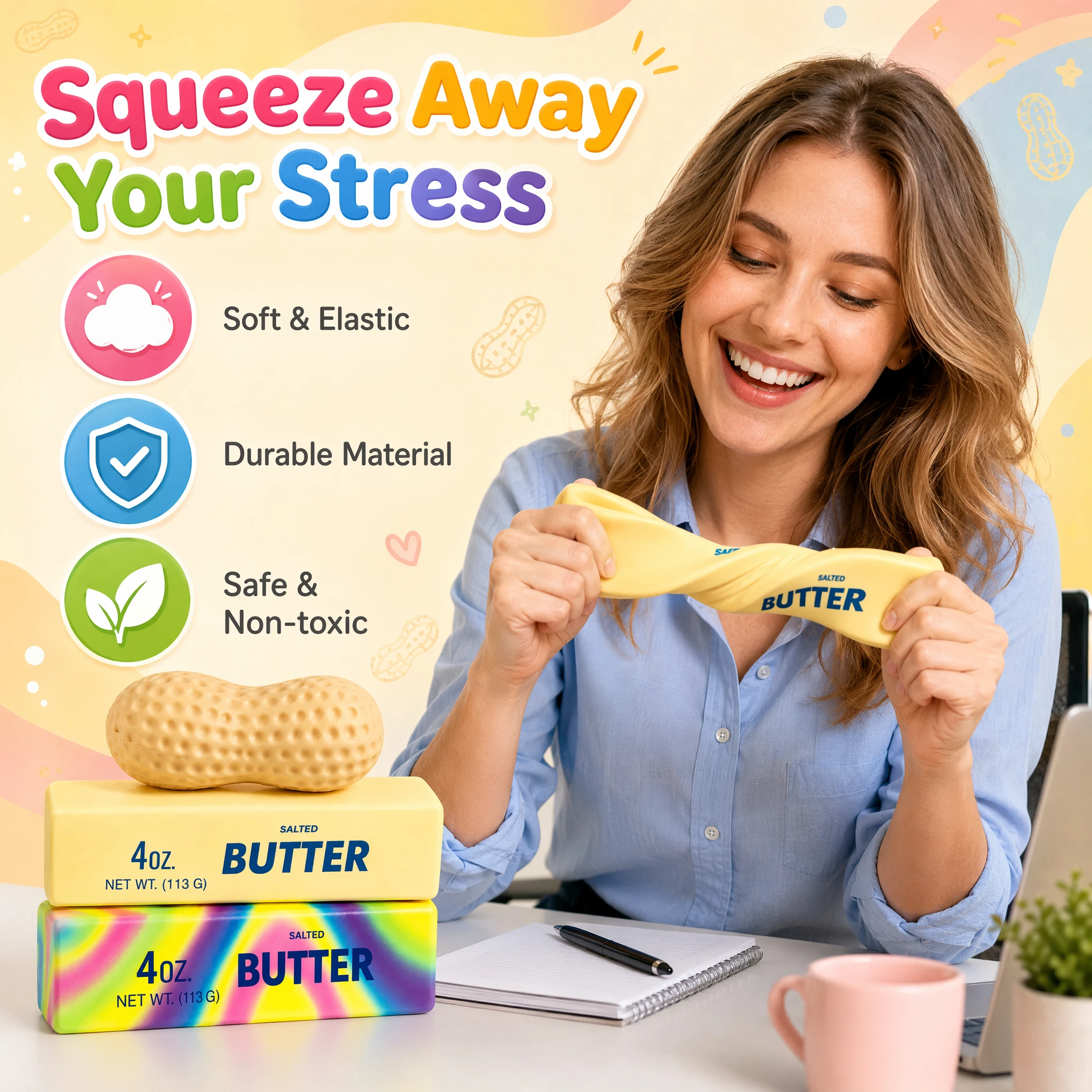 Butter Squishy Toys 2PCS Realistic Butter Block Peanut Shaped Fidget Slow Rising Food Stress Relief Squeeze Sensory Kids Adults